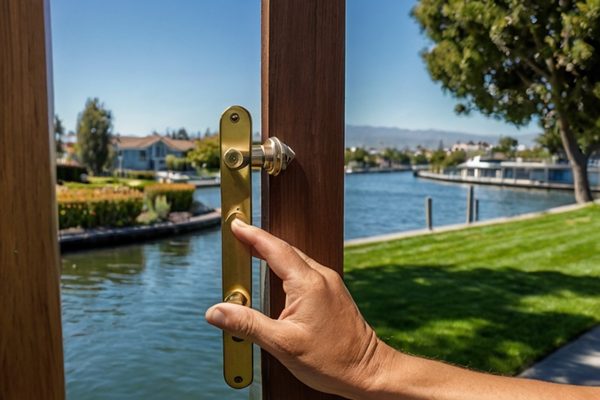 Locksmith working on a residential door in a Foster City waterfront neighborhood
