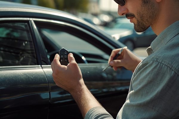 Automotive locksmith programming a replacement key in a Peninsula parking lot