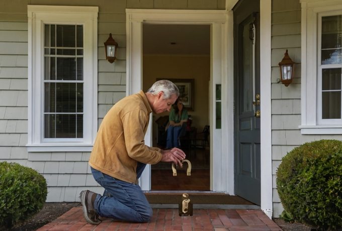 Locksmith technician reviewing a lock at a residential door in Foster City