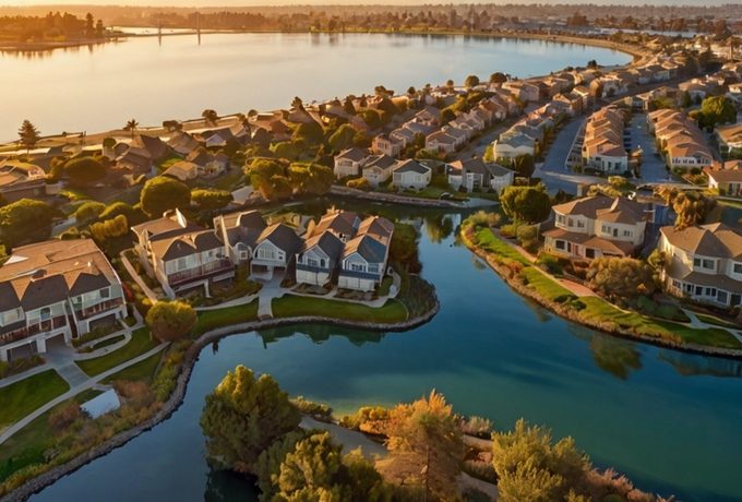 Foster City waterway and residential neighborhood with Bay in background
