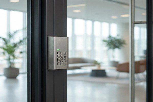 Electronic access control panel at a commercial office entrance in Foster City