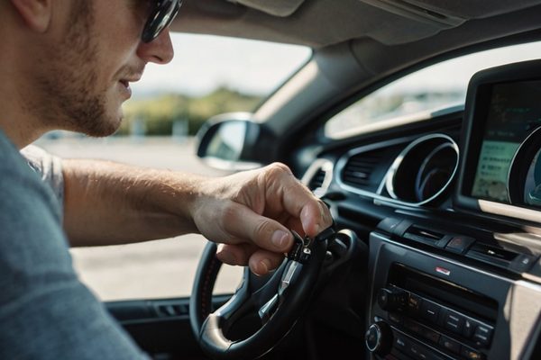 Automotive locksmith programming a key fob in a parking lot