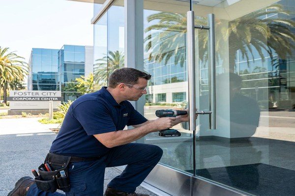 Commercial locksmith at an office door in a Foster City business park
