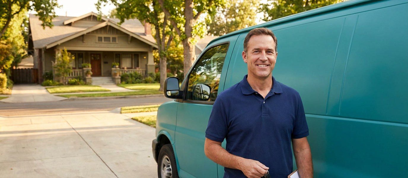 Foster City Locksmiths technician next to the company service van on the Peninsula