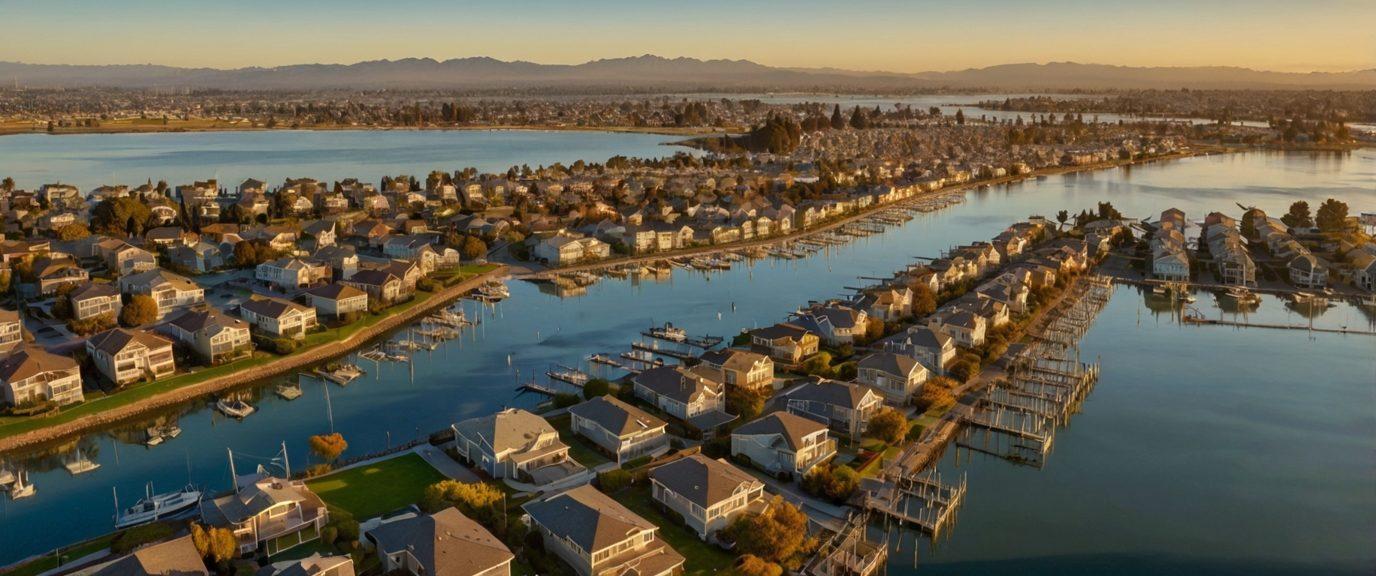 Aerial view of Foster City waterfront neighborhoods and the San Mateo Peninsula