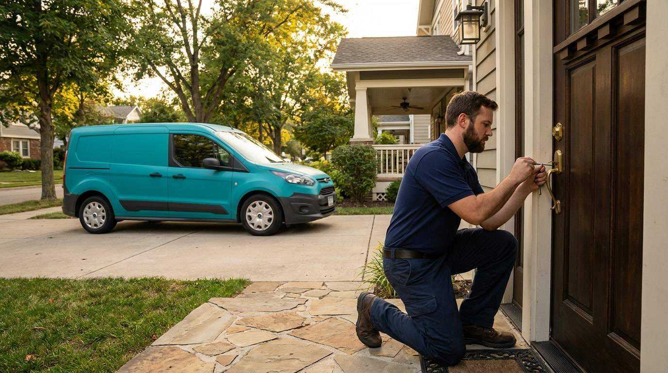 Foster City Locksmiths technician at a residential door near Foster City waterway