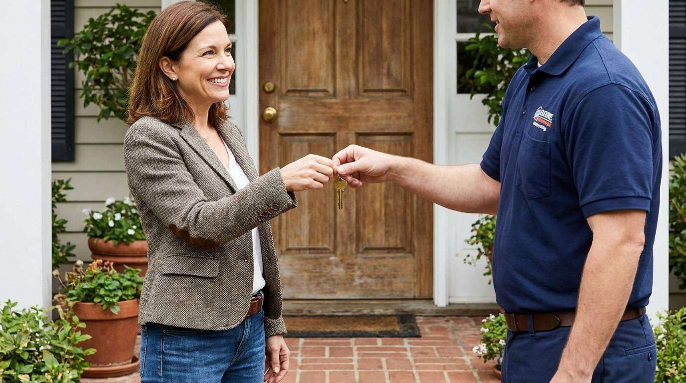 Happy homeowner receiving keys from a Foster City Locksmiths technician at her front door