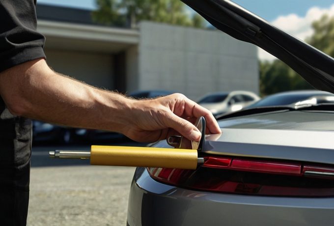 Automotive locksmith using non-damaging tools to open a locked car door in a Peninsula parking lot