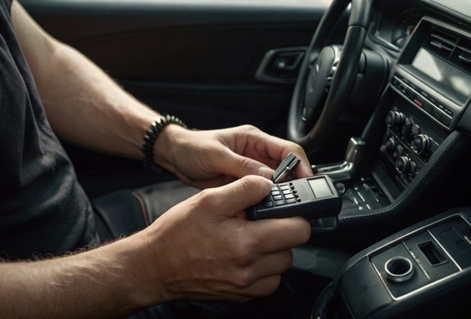 Automotive locksmith cutting and programming a transponder key at a vehicle