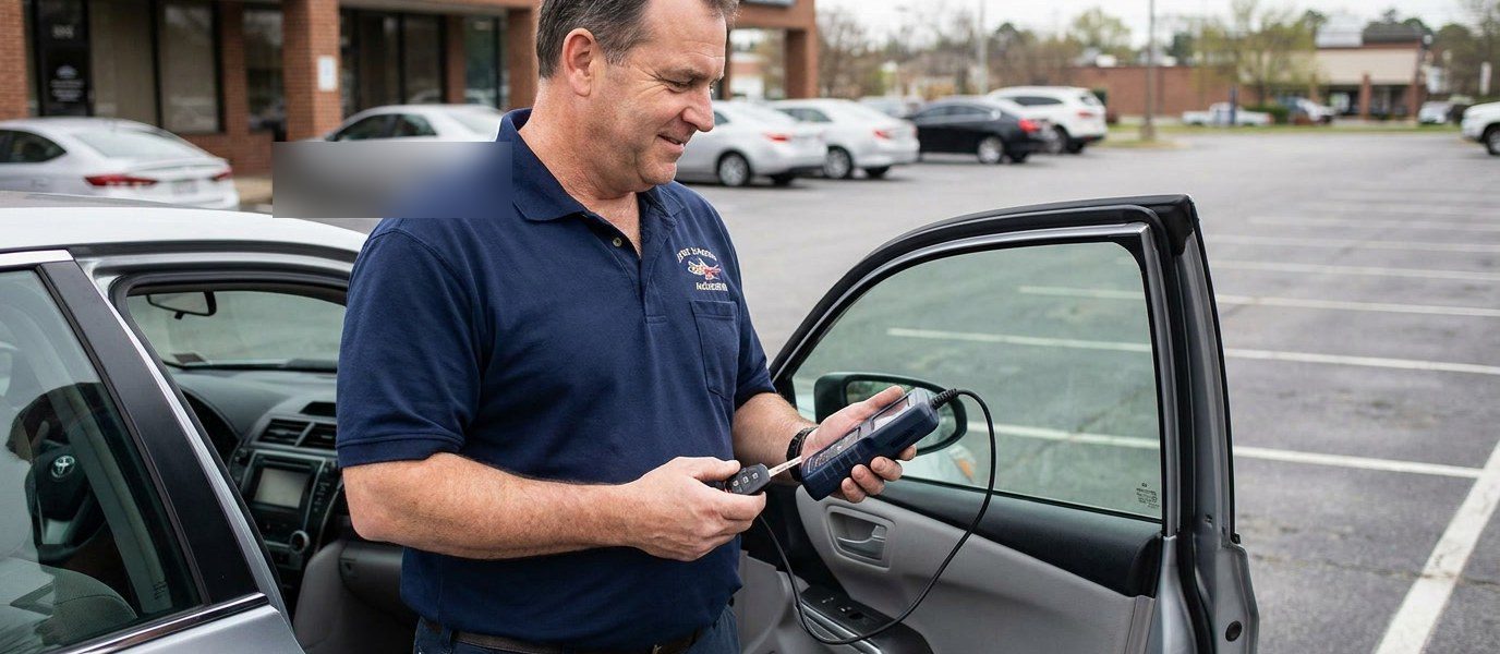 Automotive locksmith programming a transponder key at a car in a Peninsula parking lot