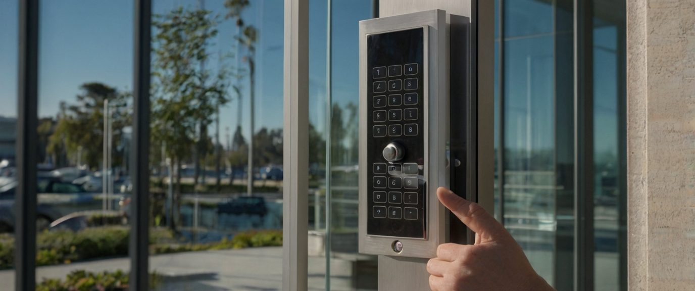 Commercial locksmith installing an electronic access panel at a Foster City business park office entrance