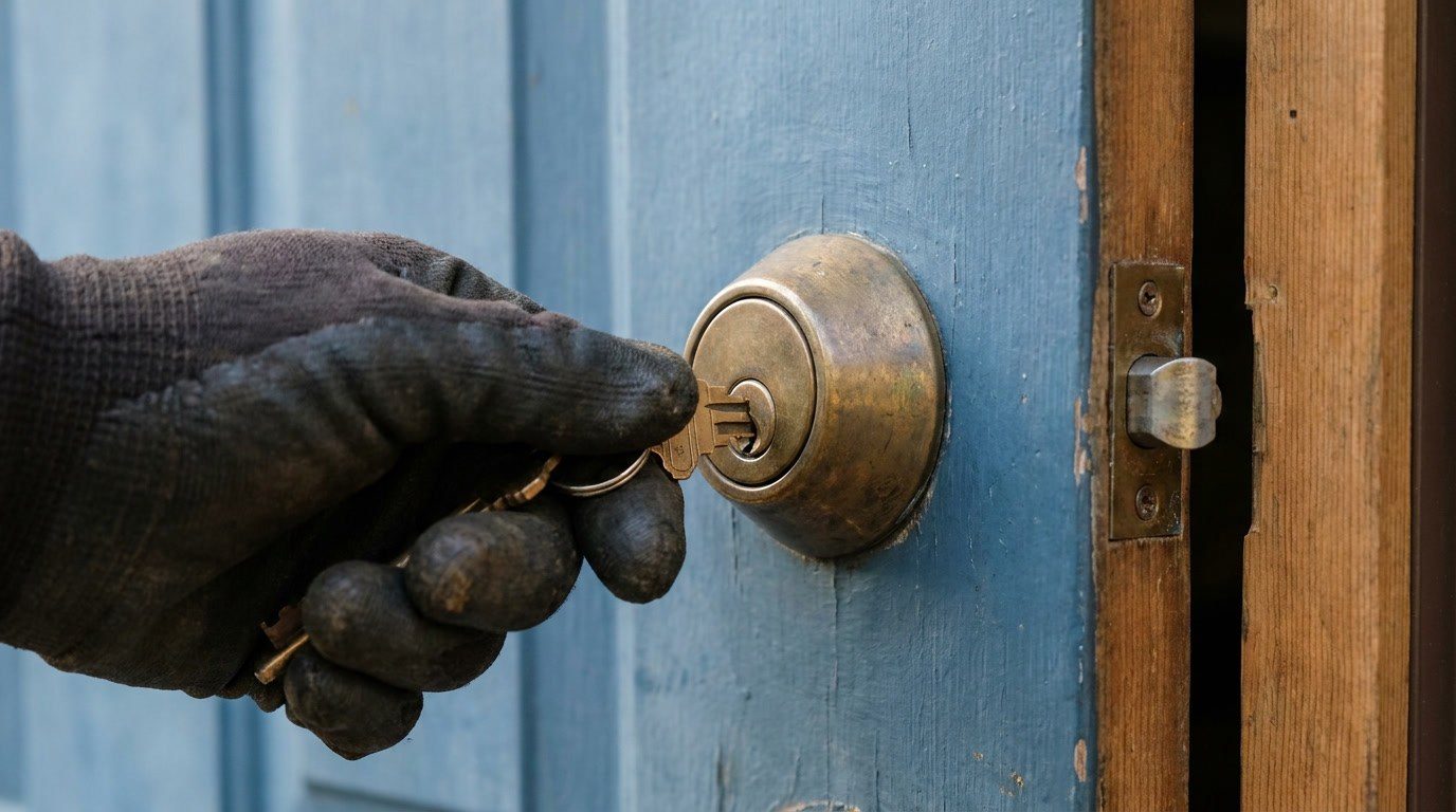 Locksmith technician rekeying a residential front door lock in a Foster City neighborhood