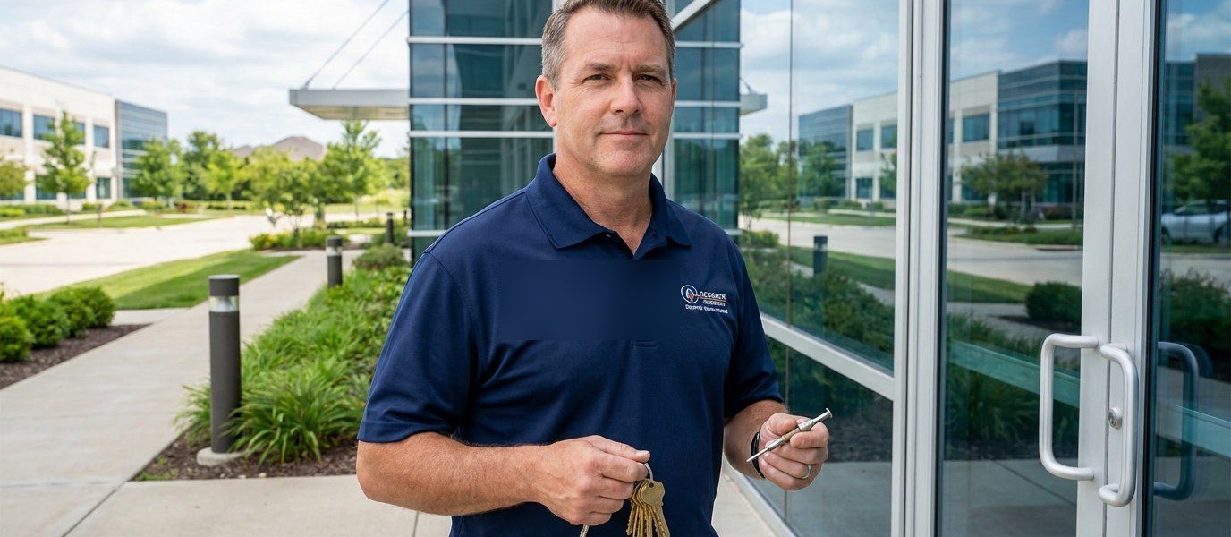 Foster City Locksmiths technician with tools at a commercial door