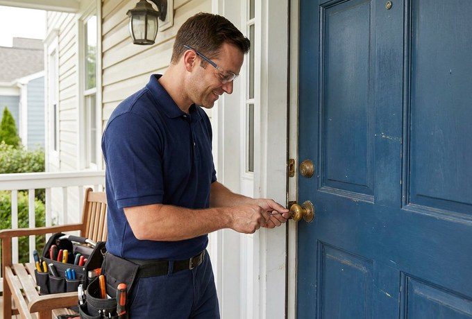 Foster City locksmith technician working a brass deadbolt at a residential front door