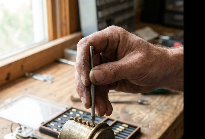 Locksmith rekeying a residential deadbolt on a Peninsula home